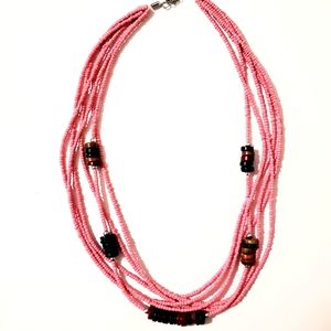 PINK MULTI SEEDBEAD STRANDS WOODEN CHOKER NECKLACE